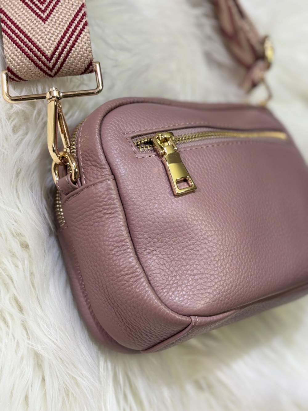 NWOT [Pom Pom · London] Leather Tan & Gold Chevron Crossbody Bag | Mauve Purse - Picture 7 of 16